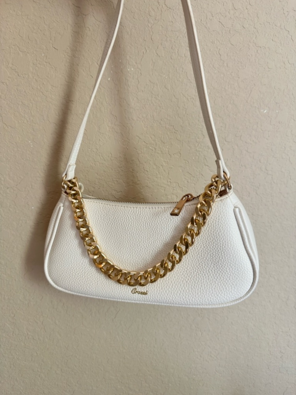 White Pebbled Leather Shoulder Bag with Gold Chain Accent